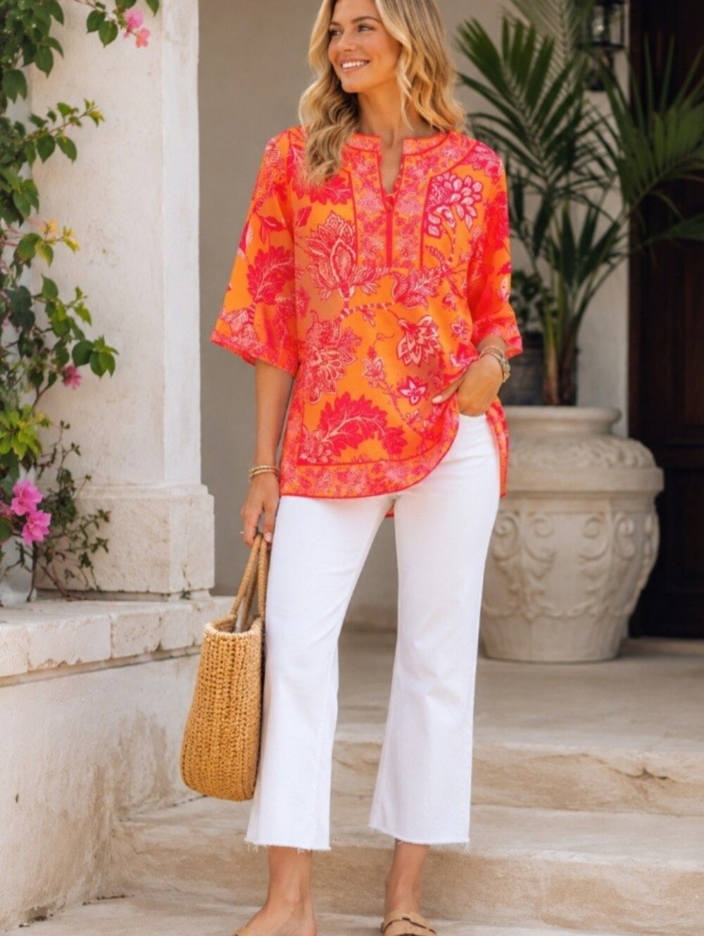 Gretchen Scott Tunic Blouse Top Size Small Orange Pink Resort Preppy